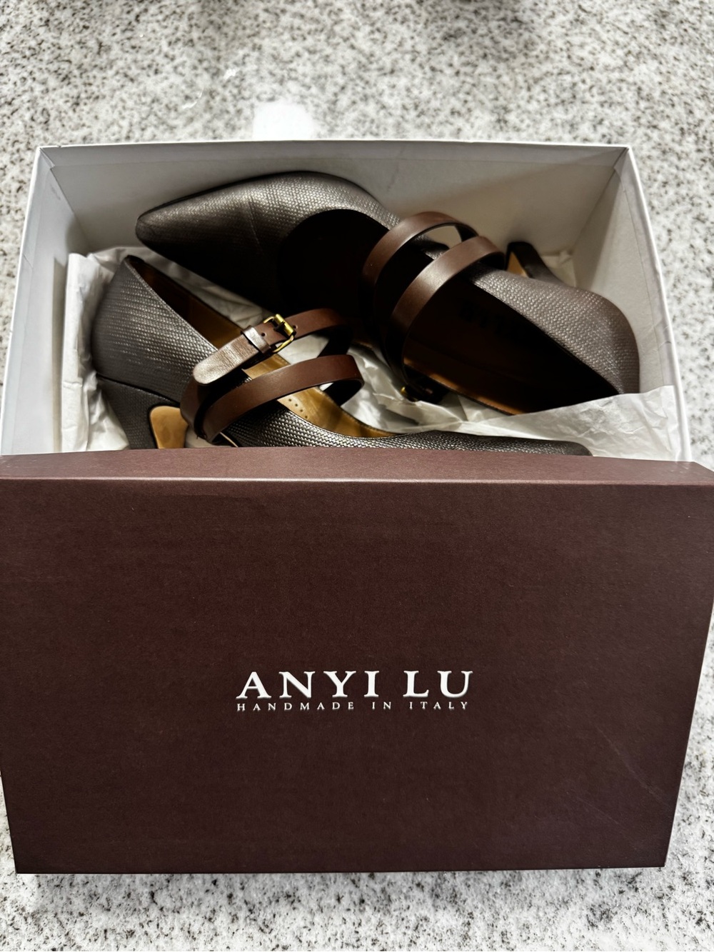 ANYI LU Metallic Taupe Pointed-Toe Mary Jane Heels with Brown Straps